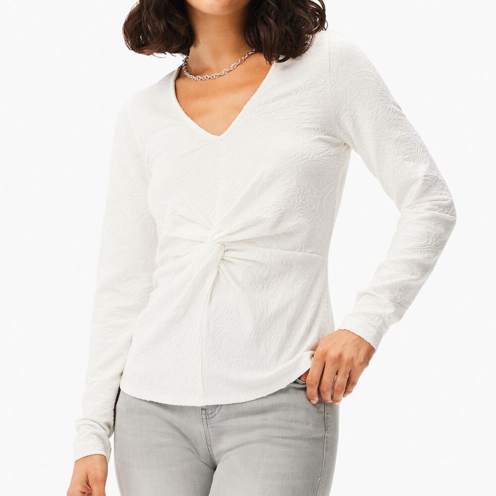 Nic + Zoe Twist Knot Front Long Sleeve Textured White Blouse Womens Medium